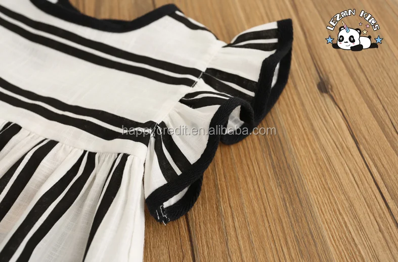 LEZONKIDS - Wholesale Children Clothing Custom Cotton Linen Girls Ruffle Sleeve Dress in Black White